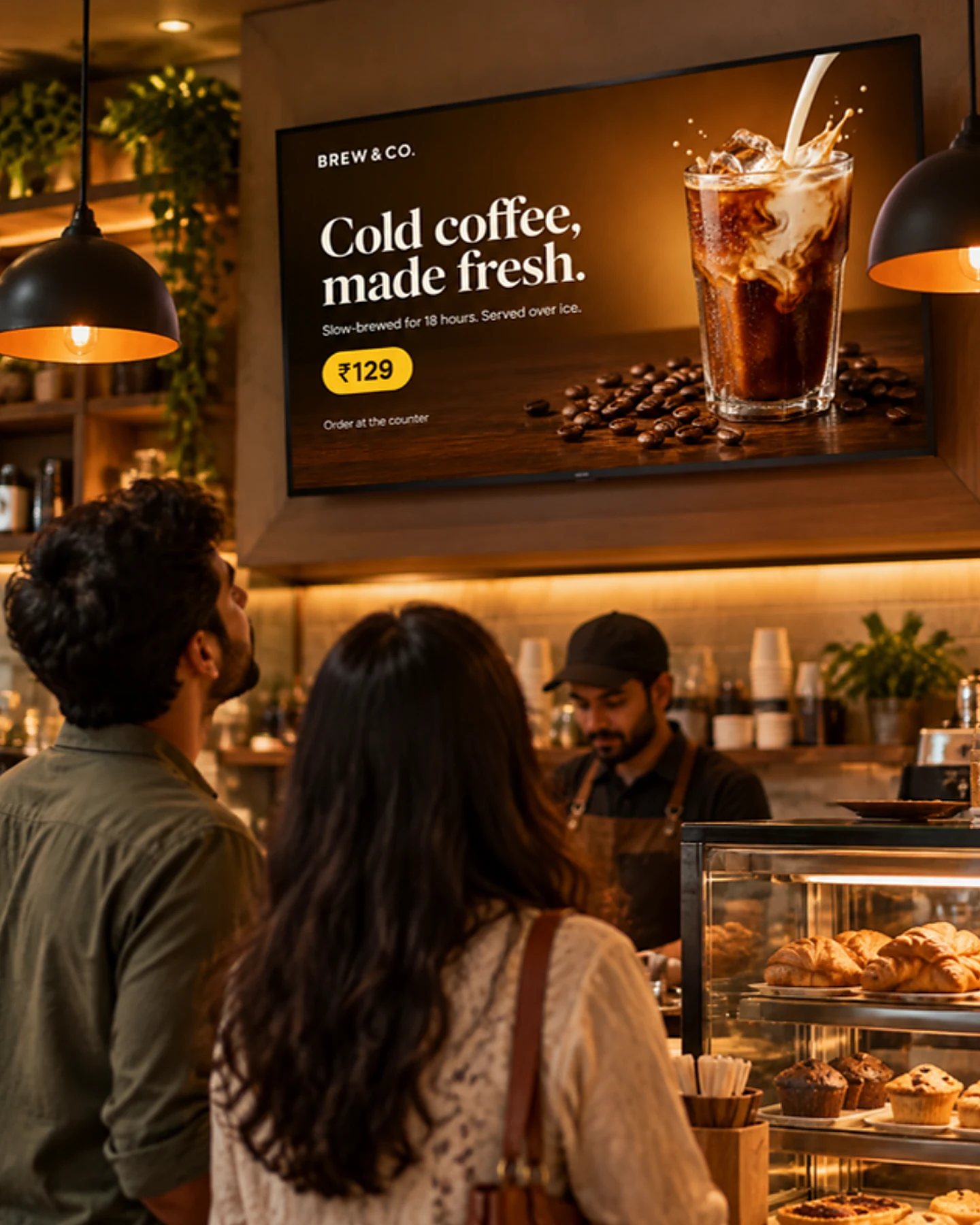 A café at night with a screen hanging above the counter, showing an advert for cold coffee