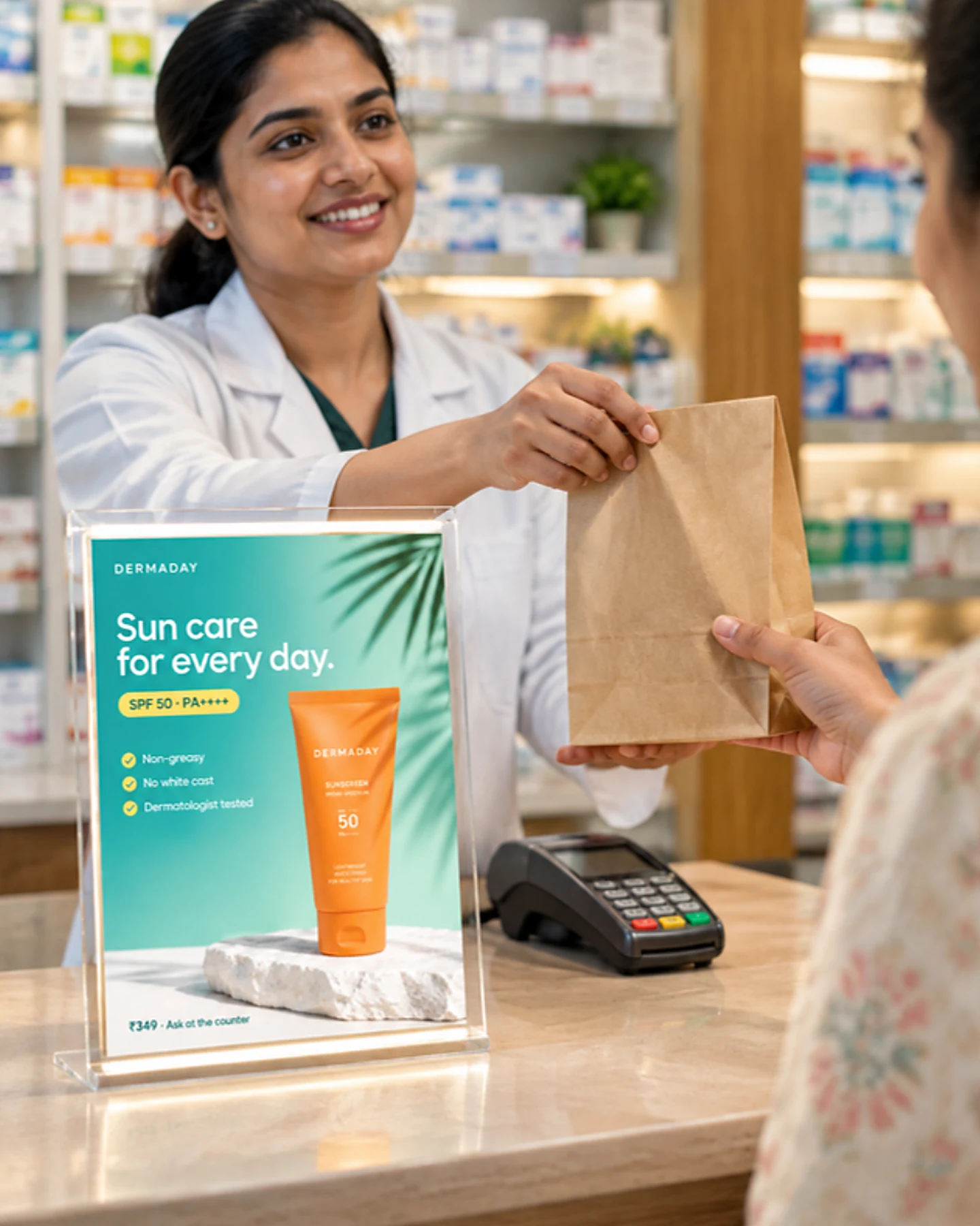 A chemist shop with a screen hanging in front of the shelves, showing a sunscreen advert