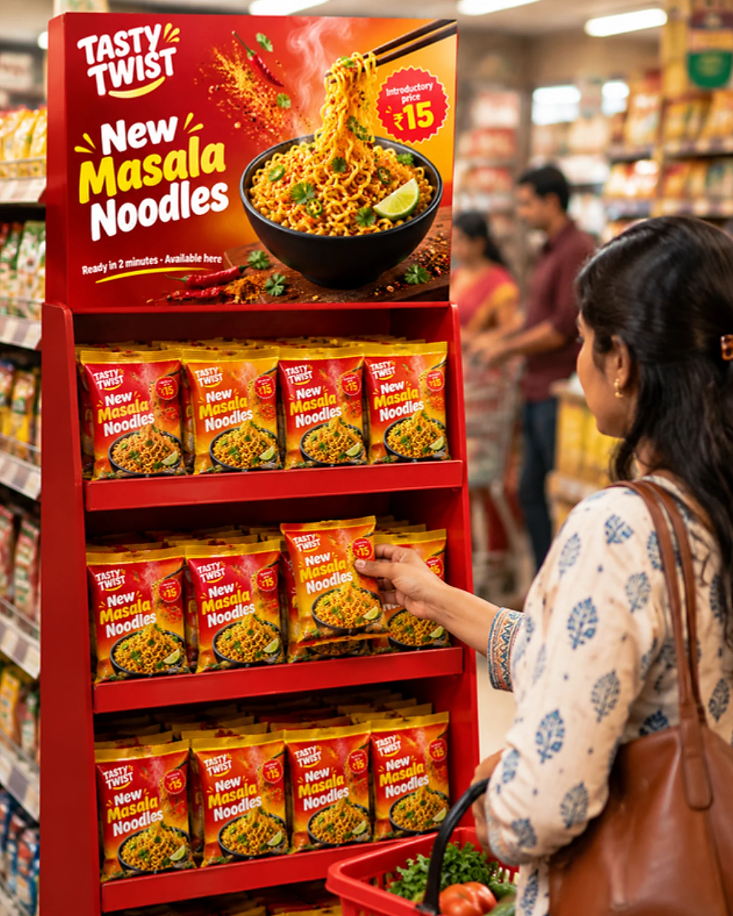 A kirana store with a screen hanging in front of packed shelves, showing an advert for masala noodles