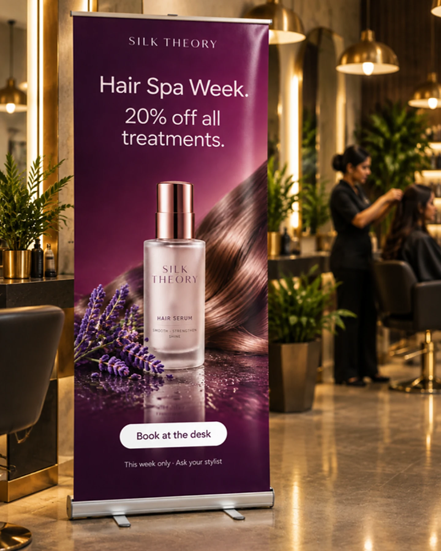 A salon with a screen hanging between the mirrors, showing a hair spa offer
